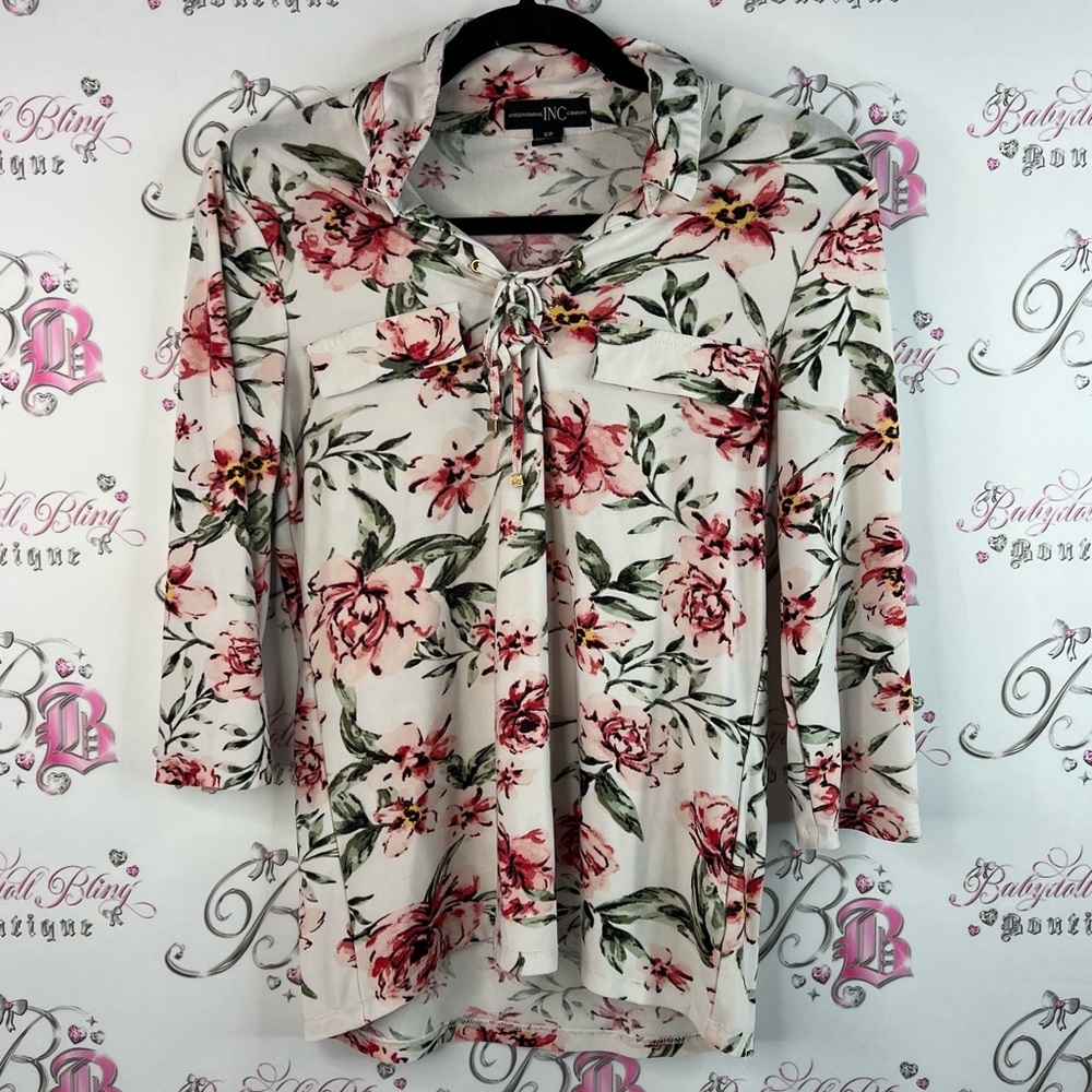 INC International Concepts Floral Blouse - Pink and Green flowers tie up